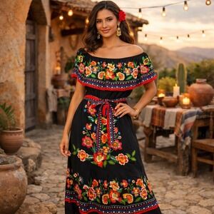 Flying Tomato Black Floral Embroidered Off Shoulder Maxi Dress Boho Fiesta M